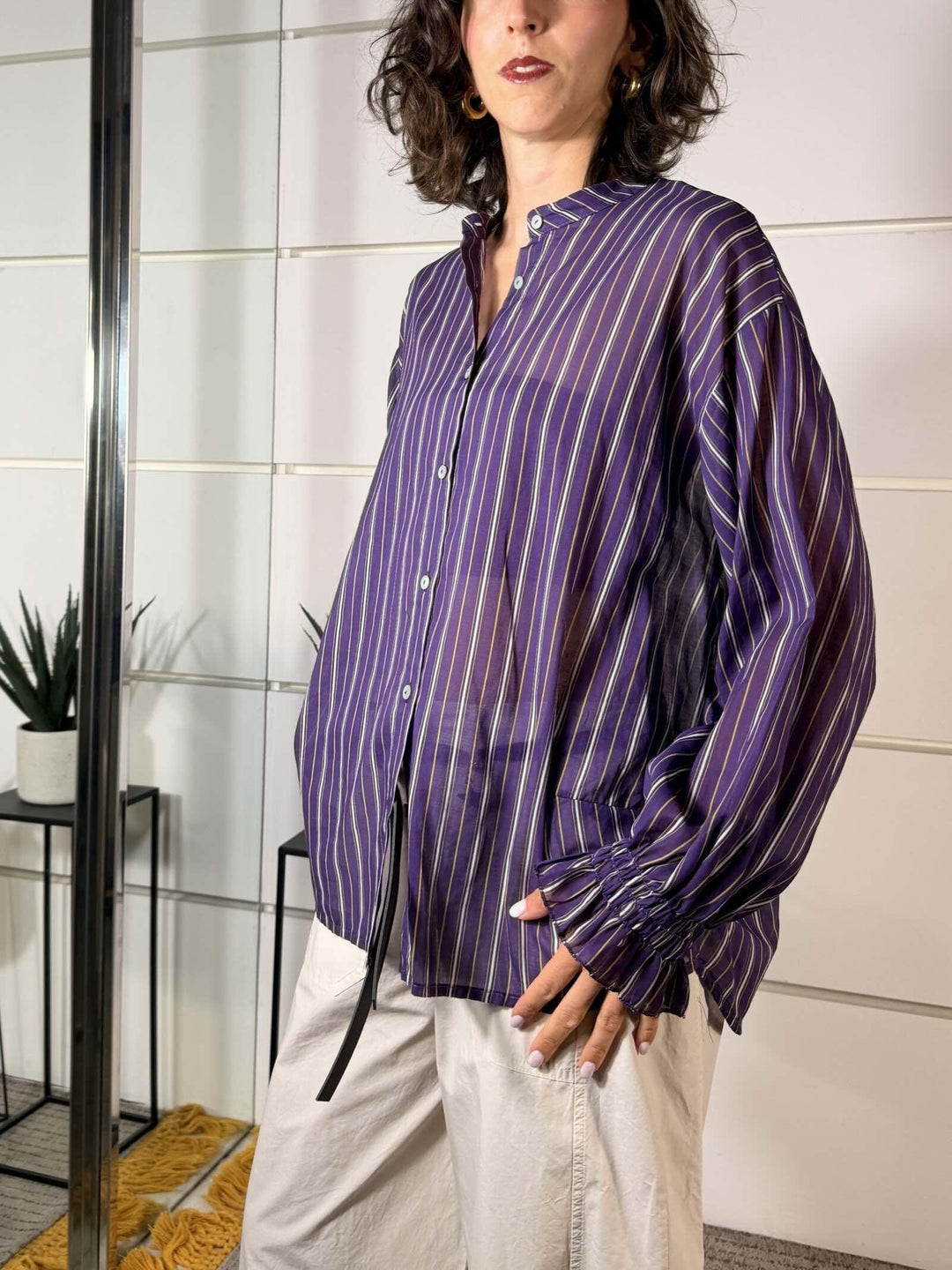 camicia in mussola di cotone viola a righe 60425CM2998VIOLA SUSY MIX