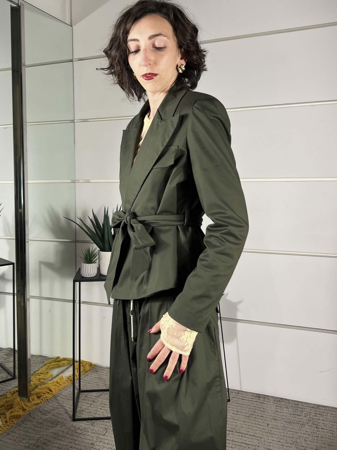 giacca  con cintura in cotone verde militare 10232VERDE MILITARE SUSY MIX
