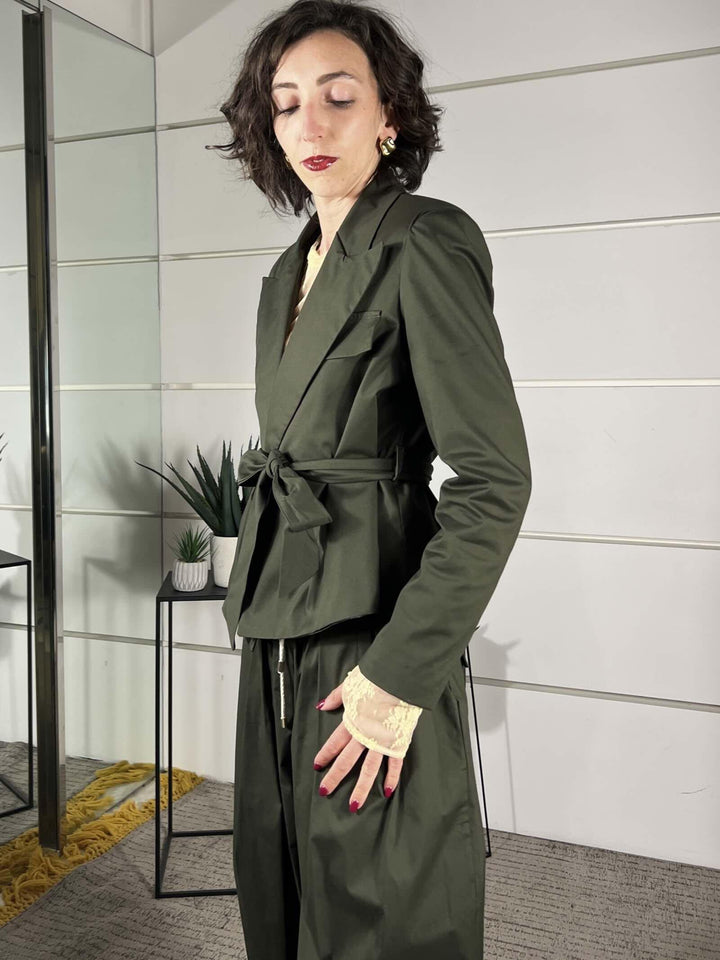 giacca  con cintura in cotone verde militare 10232VERDE MILITARE SUSY MIX