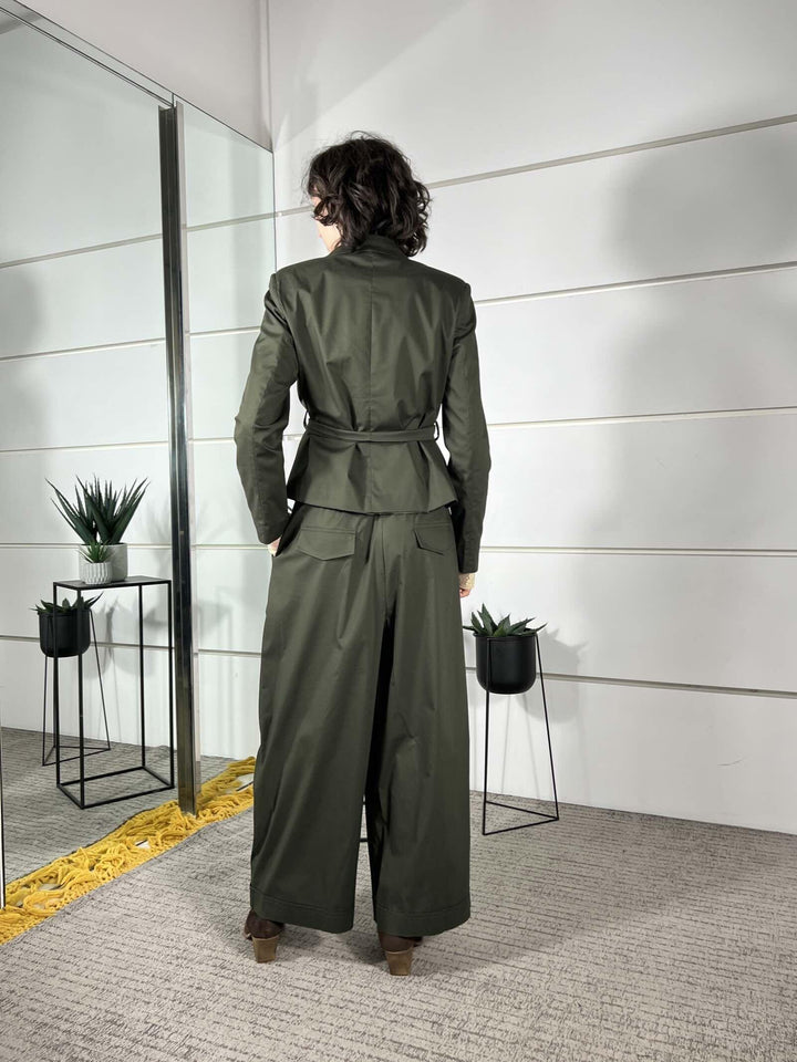 pantalone in cotone con coulisse, elastico in vita e pinces verde militare 10235VCERDE MILITARE SUSY MIX