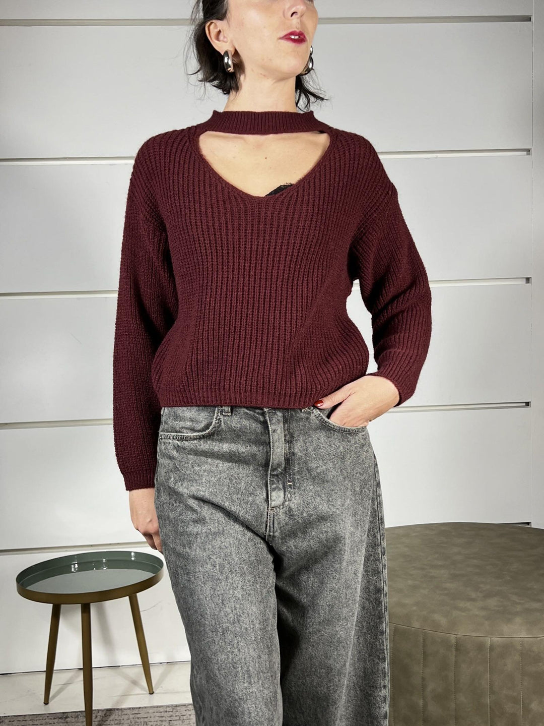 maglione con cut out e collettino vino 25512VINO SUSY MIX