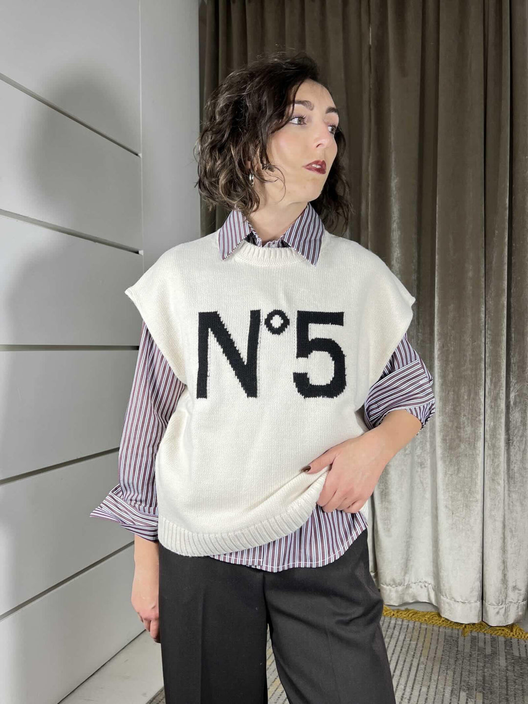 gilet girocollo misto lana e alpaca con scritta n5 W5HMT10A400WHITE OFF TENSIONE IN