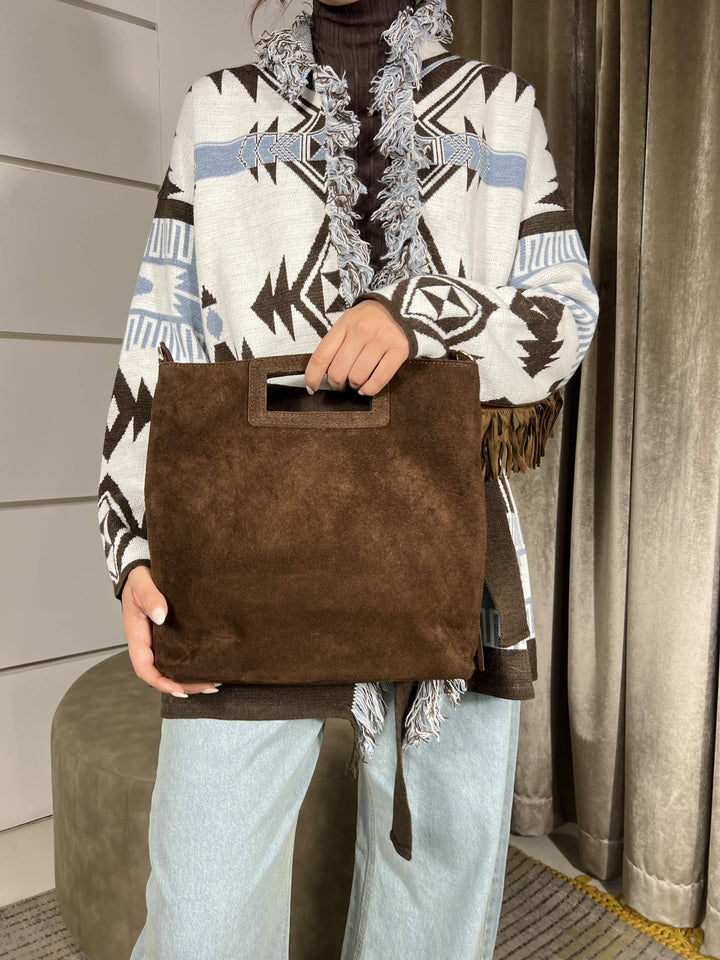 BORSA A MANO IN CAMOSCIO MORO CON FRANGE E BORCHIE 267425MORO FEMME CAFE SELECTION