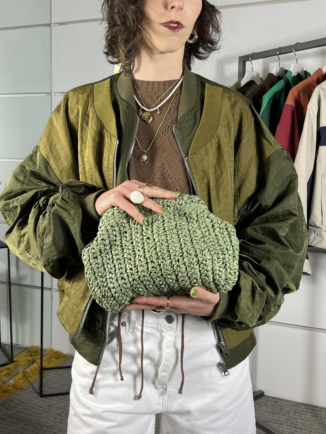 borsa clutch a intreccio in rafia verde FB43002VERDE FEMME CAFE SELECTION