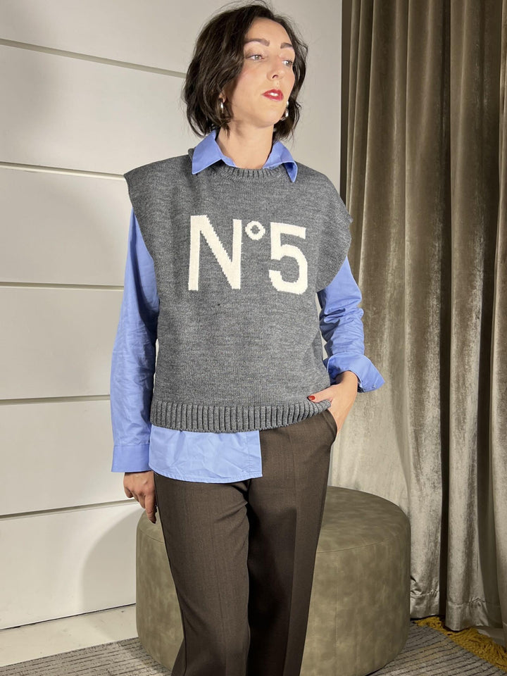 gilet girocollo misto lana e alpaca con scritta n5 m.lana W5HMT10A400CHARCOAL TENSIONE IN