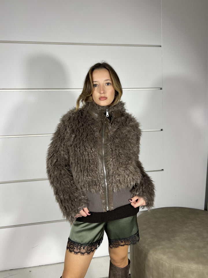 ecopelliccia bomber con inserti in ecopelle moro 810NMORO SUSY MIX