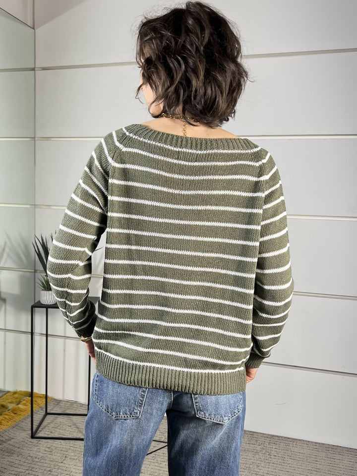 maglia a  barca rigata manica lunga verde militare e panna W26063VERDE MILITARE SUSY MIX