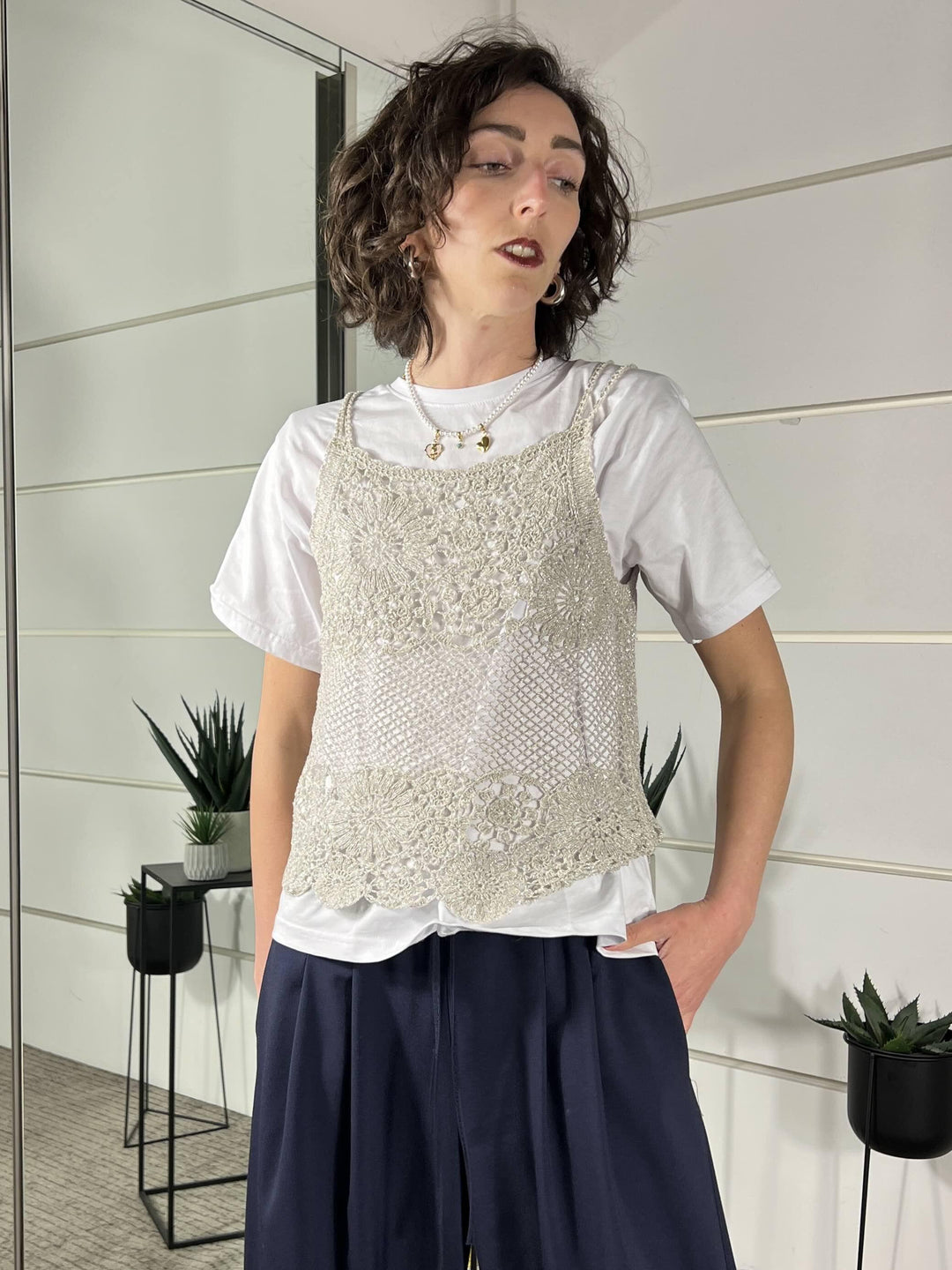 canotta con spallina macrame natutale con filo lurex D74867NATURALE TENSIONE IN