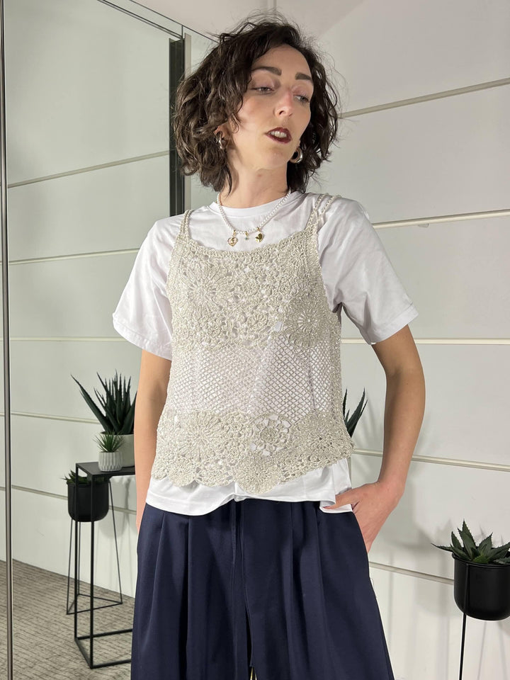 canotta con spallina macrame natutale con filo lurex D74867NATURALE TENSIONE IN