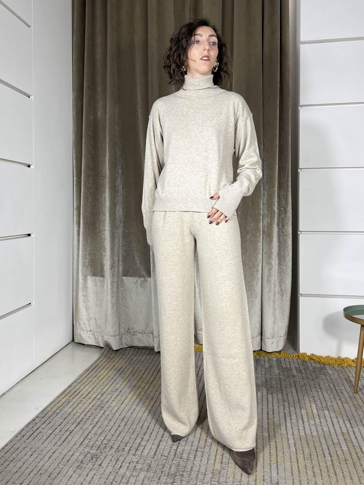 pantalone a palazzo con elastico in vita misto lana sabbia 22107FSABBIA VICOLO