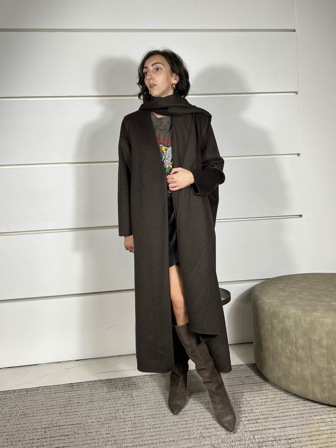 cappotto moro lungo con sciarpa integrata 50% lana hand made TF0060MORO VICOLO
