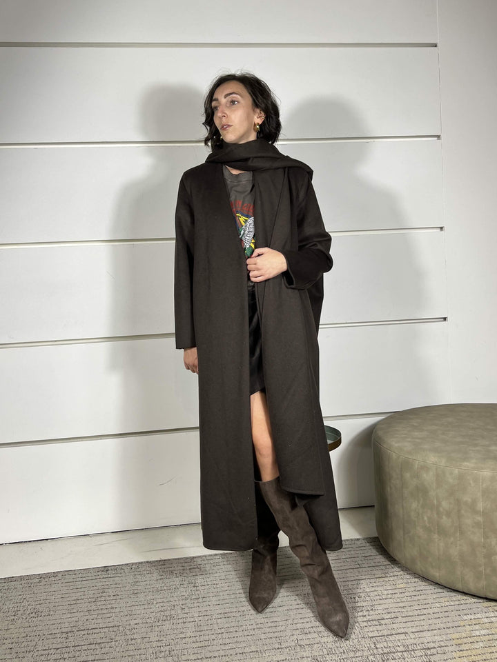 cappotto moro lungo con sciarpa integrata 50% lana hand made TF0060MORO VICOLO