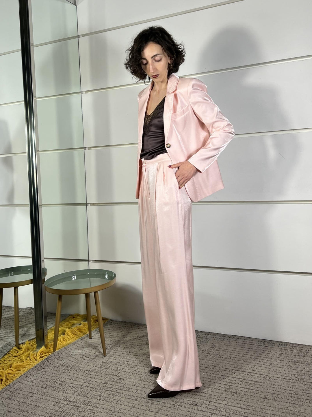 completo rosa cipria  laminato giacca e pantalone a palazzo 101551ROSA CIPRIA SUSY MIX