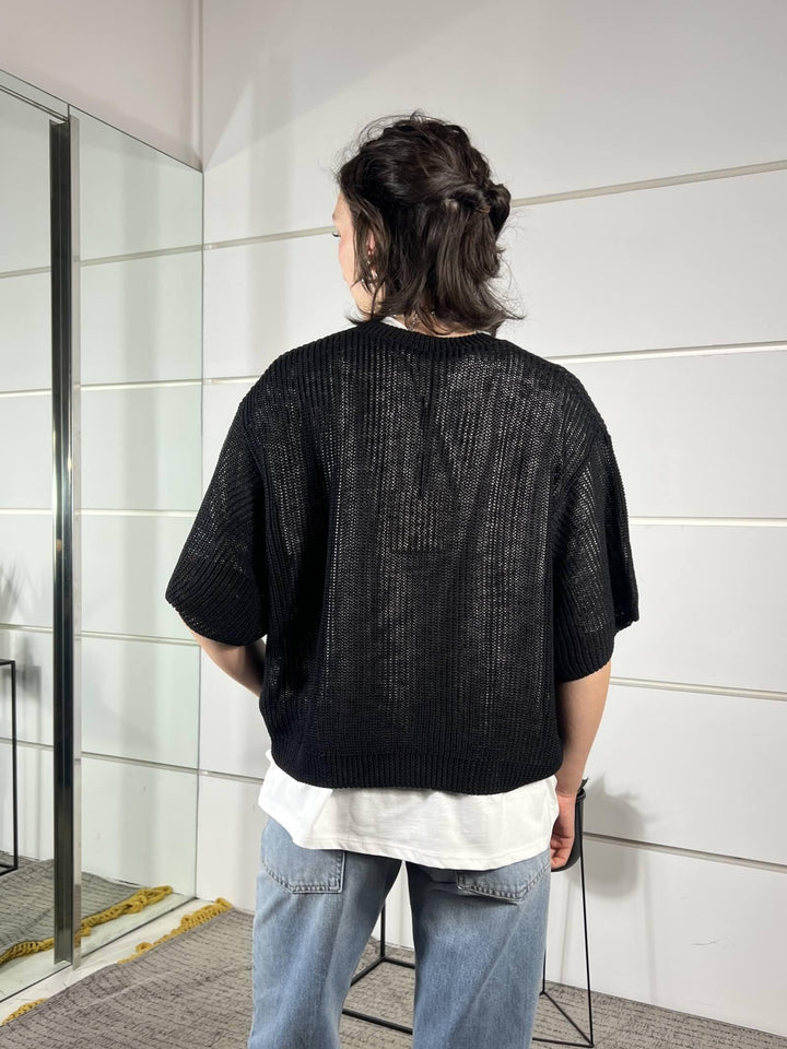 maglia nero con scollo a v manica a 3/4 misto viscosa XL25265NERO TENSIONE IN