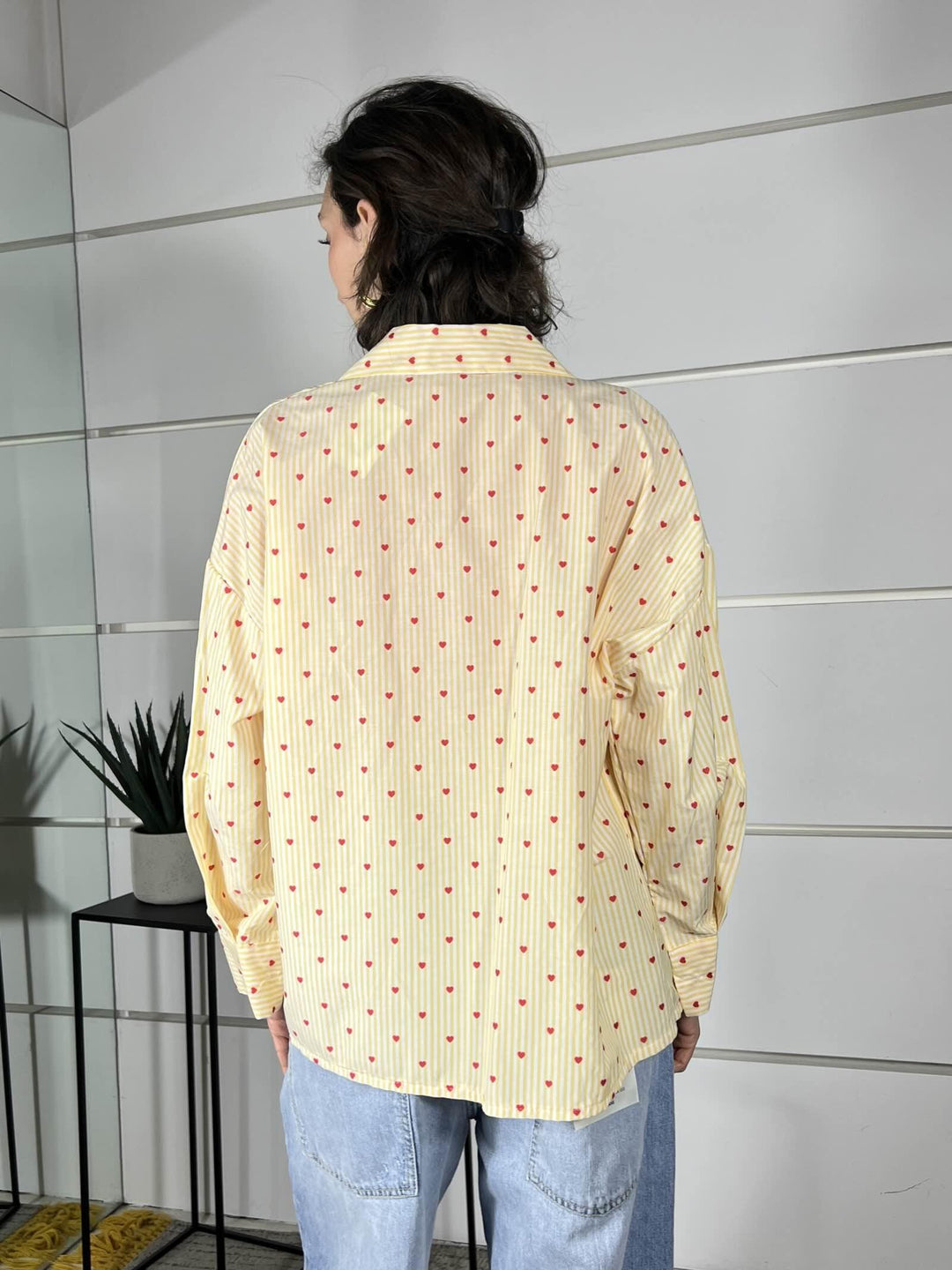 camicia a righe giallo e bianco con cuori rossi 0065CUORI/GIALLO SPICY CAFE