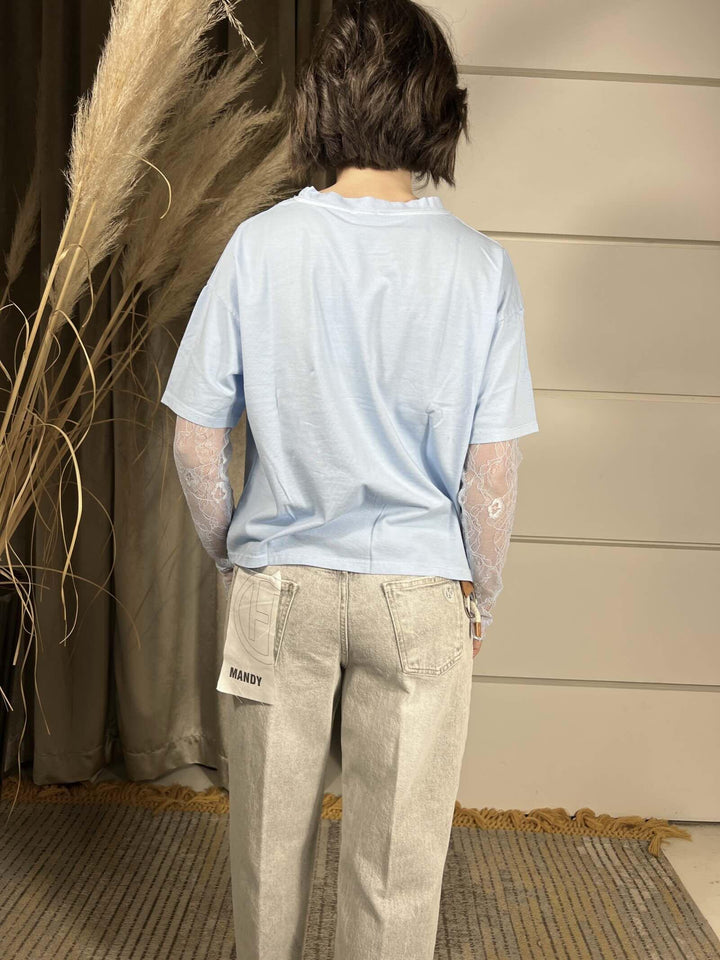 T-SHIRT CELESTE CON MANICA IN PIZZO 11073CELESTE SUSY MIX