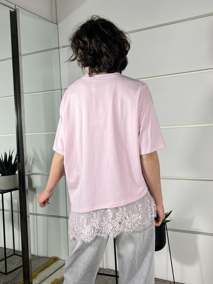 t-shirt manica corta asimmetrica con pizzo rosa 26MP8516ROSA FEMME SELECTION