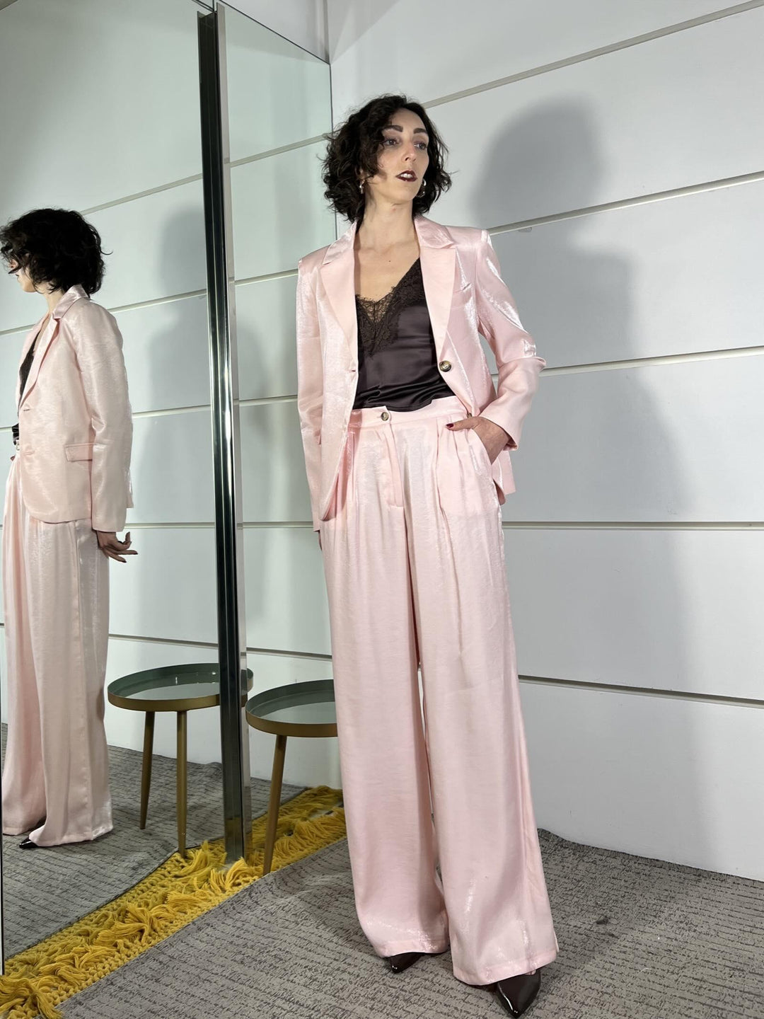 completo rosa cipria  laminato giacca e pantalone a palazzo 101551ROSA CIPRIA SUSY MIX