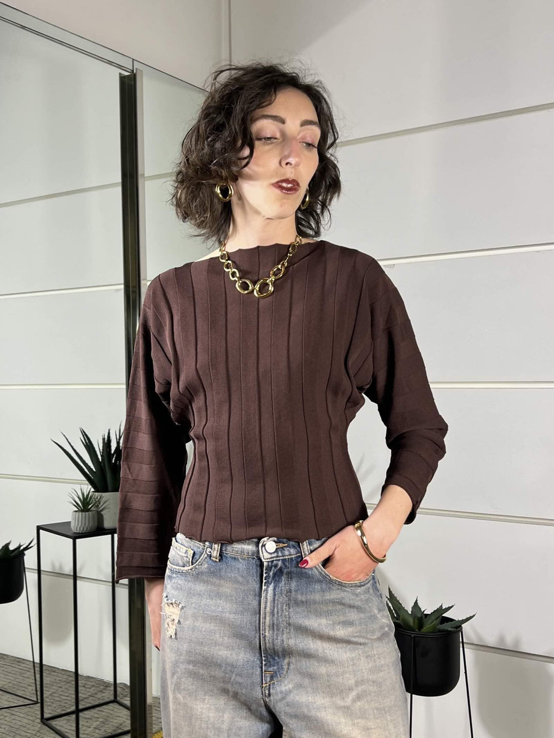 maglia a costa, manica  apipistrello fondente 2AB2140FONDENTE VICOLO