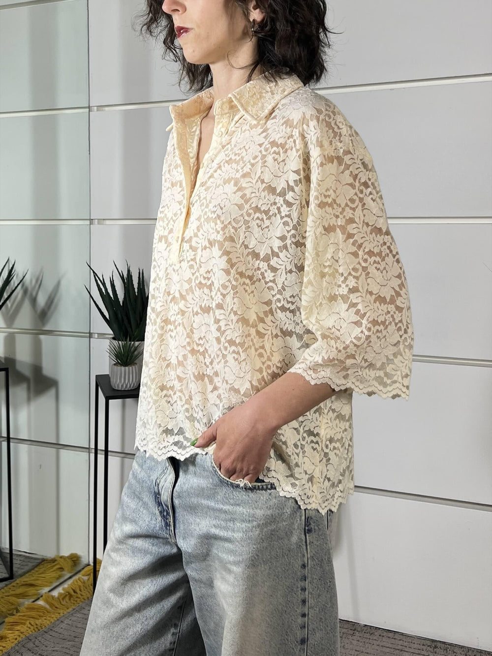 maglia a polo over in pizzo crema 12088CREMA SUSY MIX