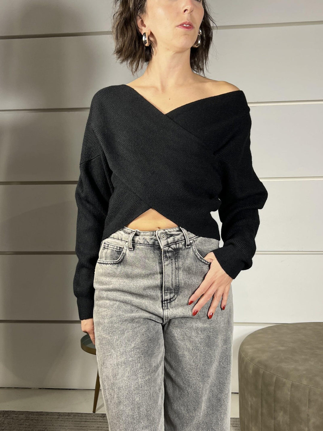 maglia a costine a incrocio manica lunga nera 12011NERO SUSY MIX