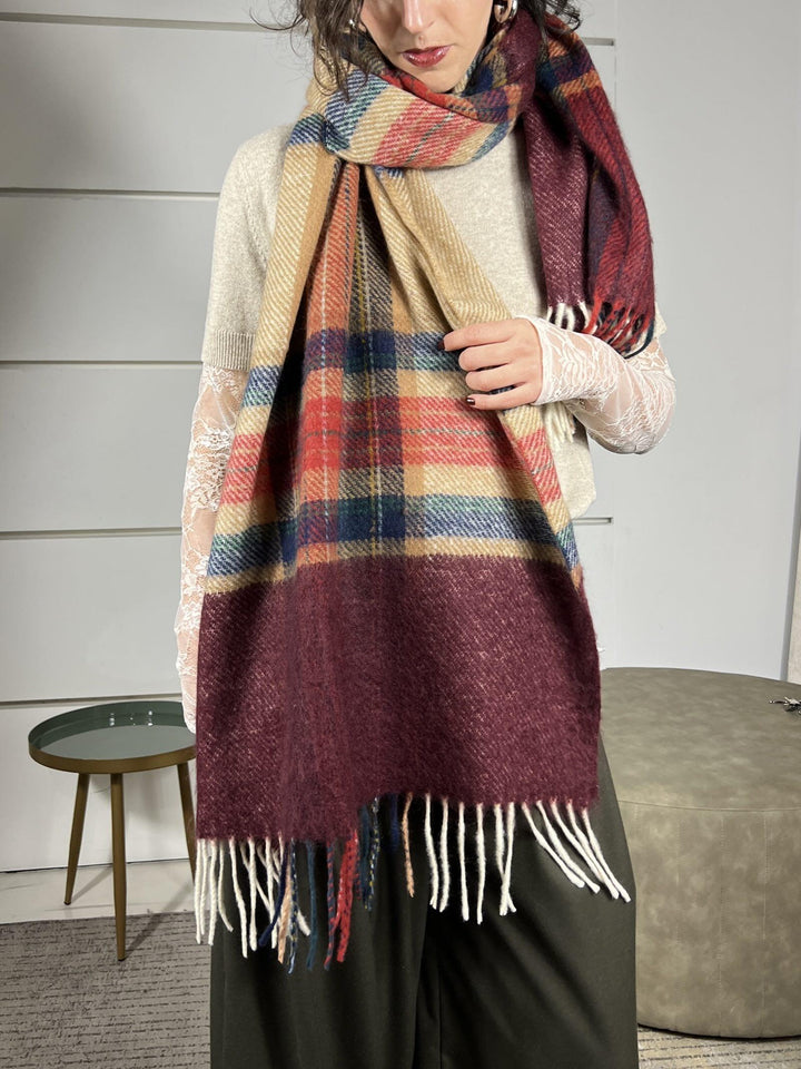 sciarpa quadri bordeaux e cammello con frange AF0087BORDEAUX/CAMMELLO VICOLO