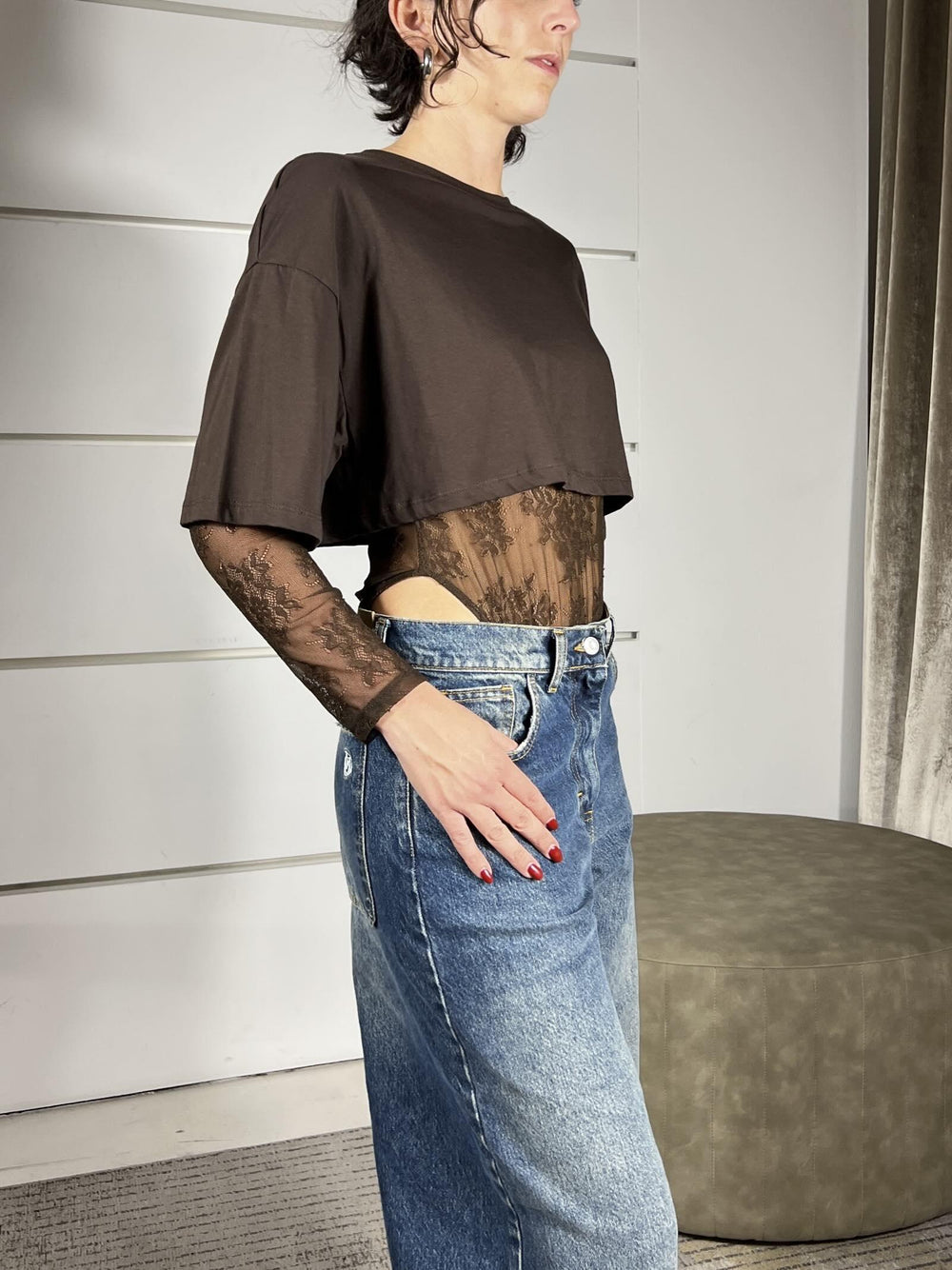 t-shirt con body in pizzo moro UF0157MORO VICOLO