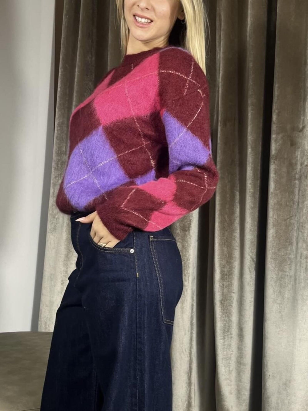 MAGLIONE CON ROMBI GIROCOLLO VIOLA E FUCSIA MISTO LANA L01O0416VIOLA PHILIA LOFT