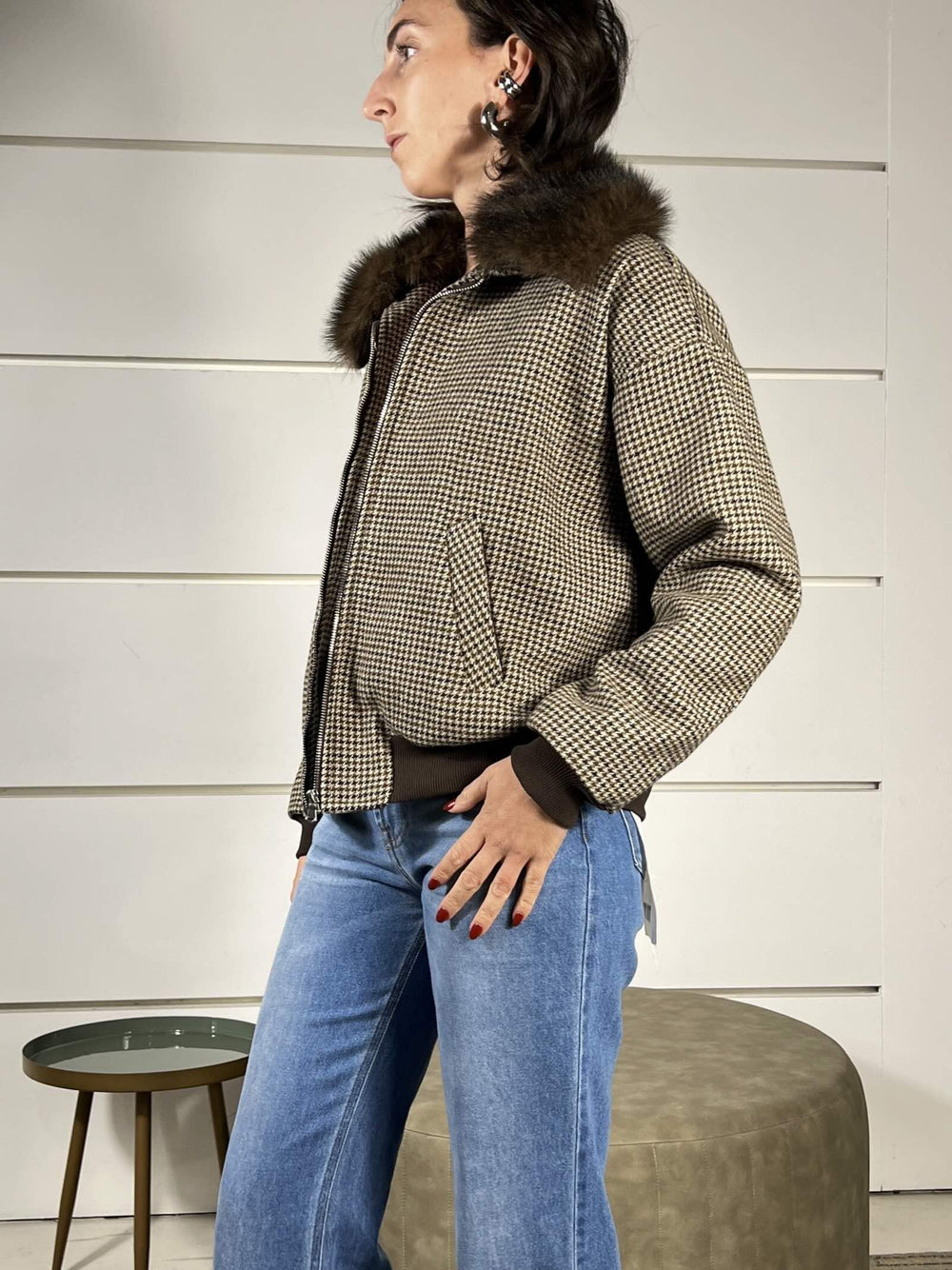 bomber check in misto lana con collo in pelliccia staccabile 51497MORO SUSY MIX