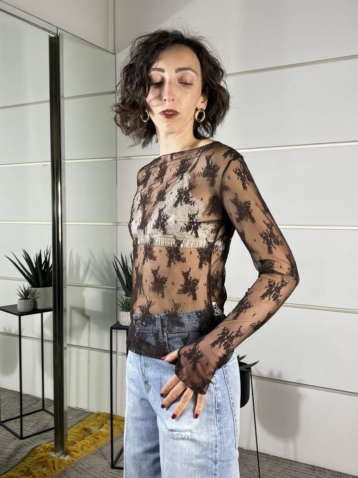 t-shirt in pizzo moro con manicotto 10997MORO SUSY MIX
