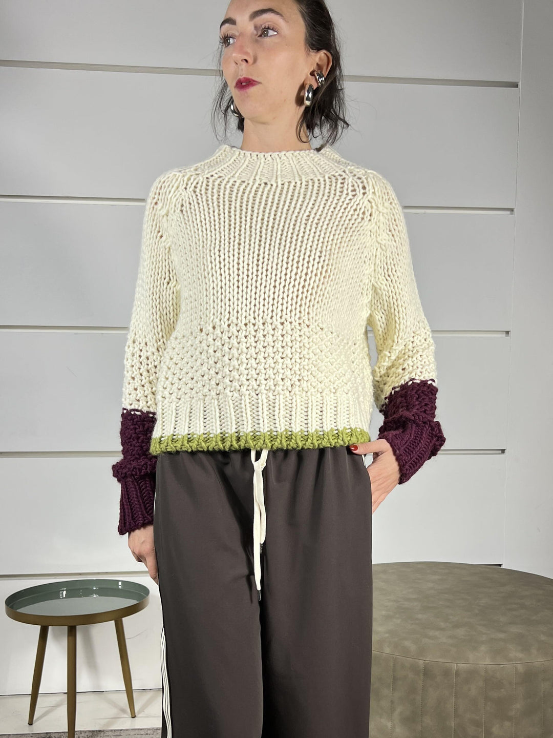 maglione con bordo nel fondo a contrasto panna 95573PANNA SUSY MIX