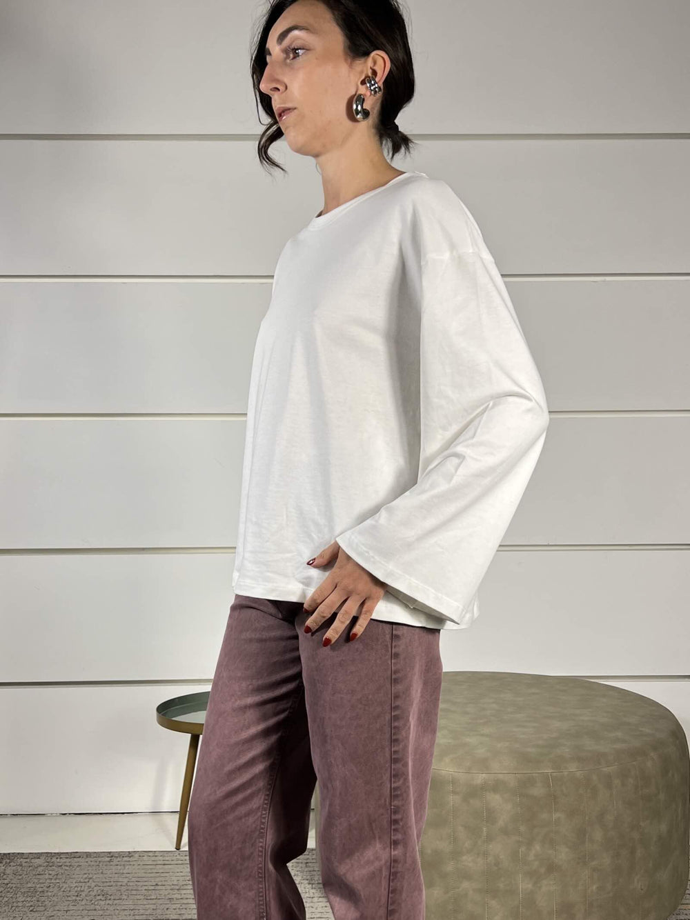 t-shirt girocollo con manica lunga ampia bianca UF0169BIANCO VICOLO