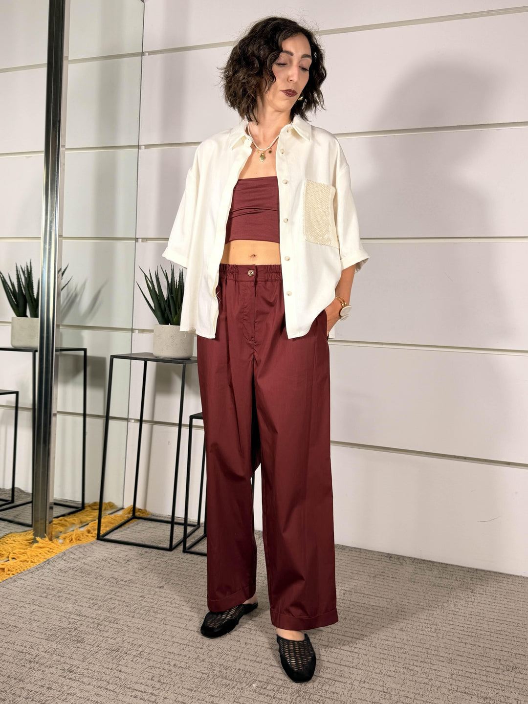 pantalone in fresco cotone con elastico in vita bordo 26P4936BORDO TENSIONE IN