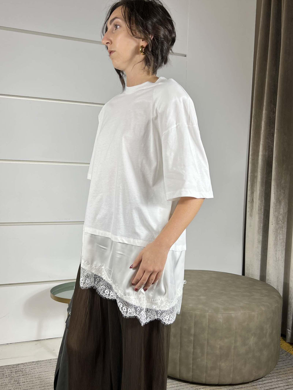 t-shirt burro con spallina e nel fondo inserto satin e in pizzo 10 26M1026BURRO/BURRO TENSIONE IN