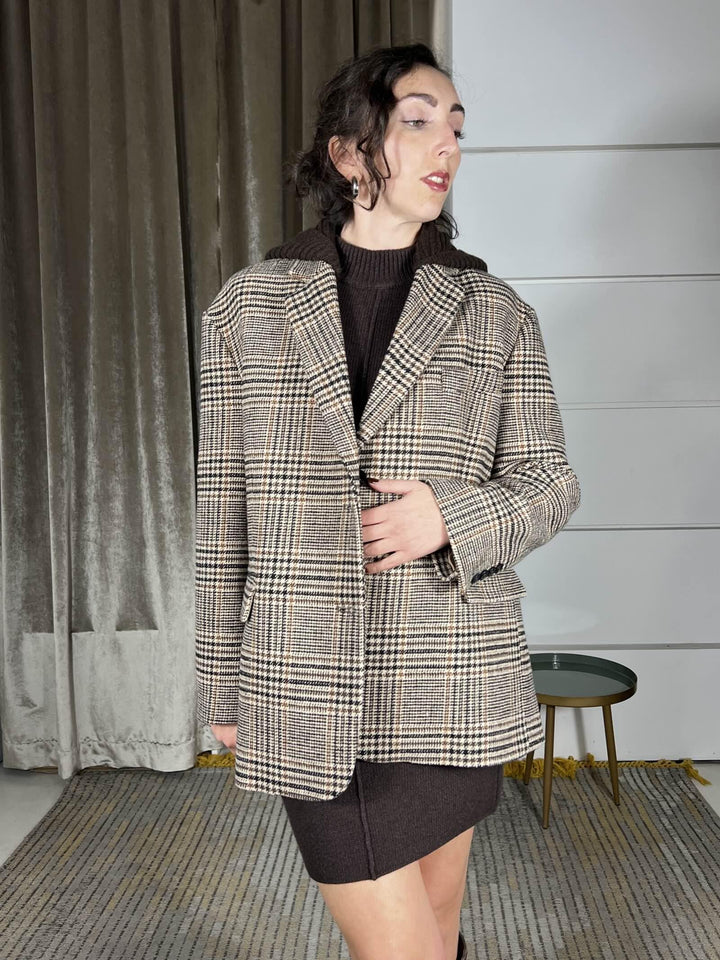 giacca cappotto pied de poule con cappuccio in maglia staccabile TF2084MORO/BURRO/BRUCIATO VICOLO