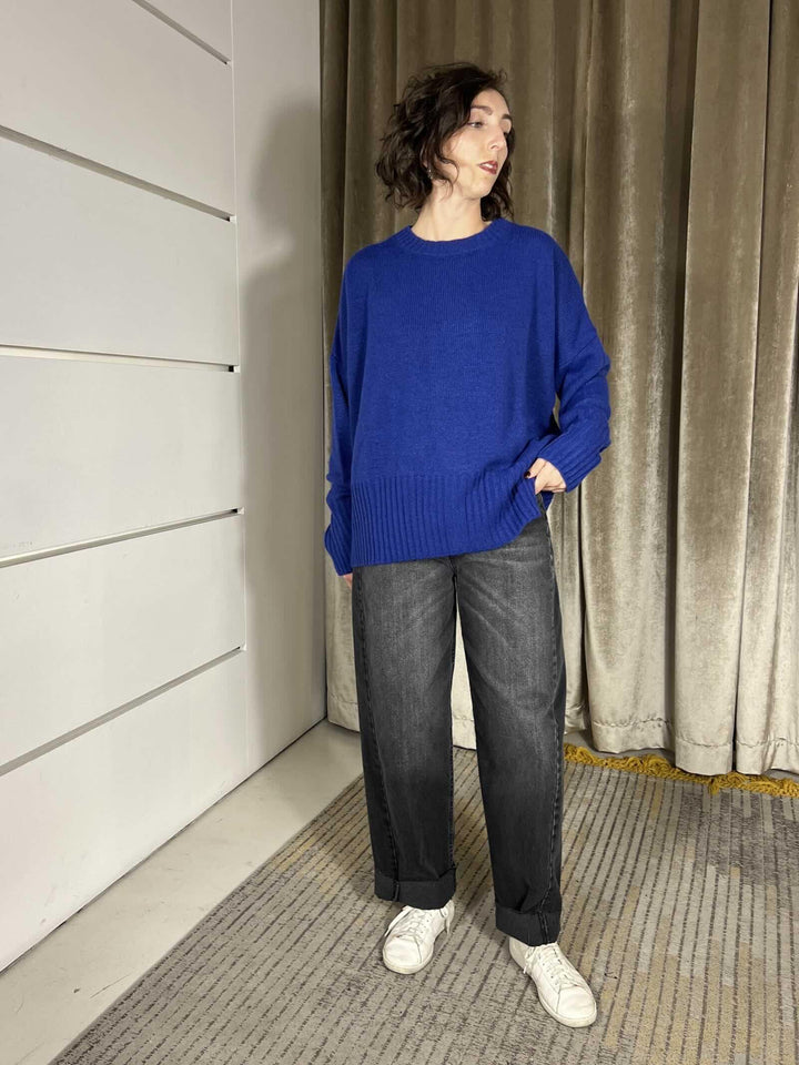 maglione girocollo con coste in misto lana rasata  electiric blue W5HMJ87A373ELECTRIC BLUE TENSIONE IN