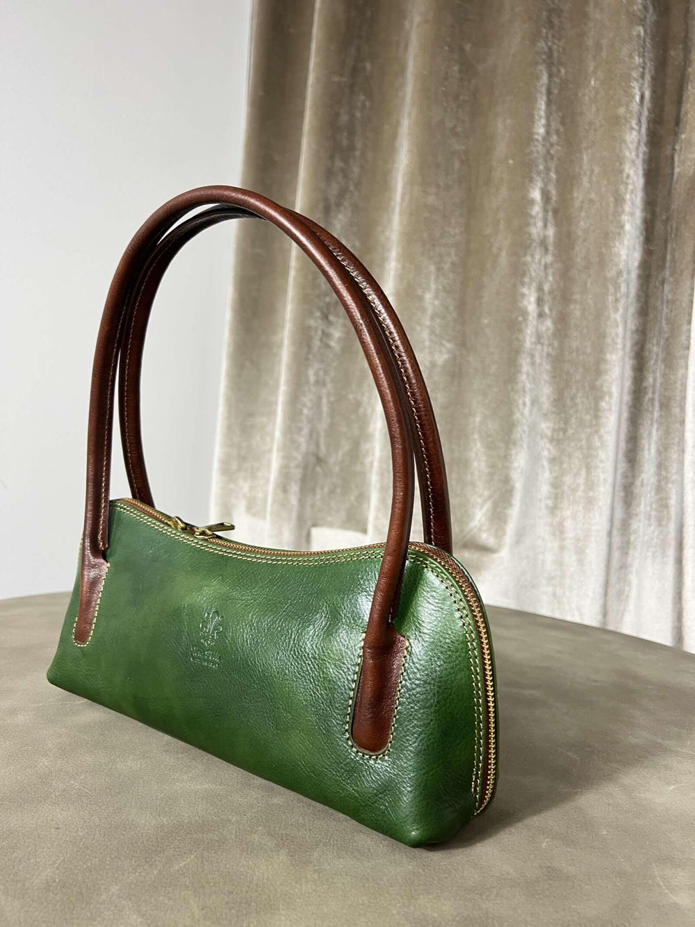 borsa verde effetto vintage  in vera pelle con manico interno check 266527VERDE FEMME CAFE SELECTION