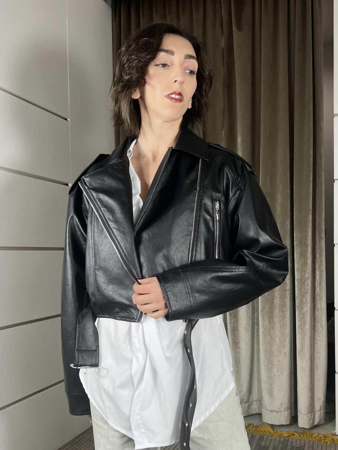 chiodo in ecopelle crop nera PP341T102NERO SUSY MIX