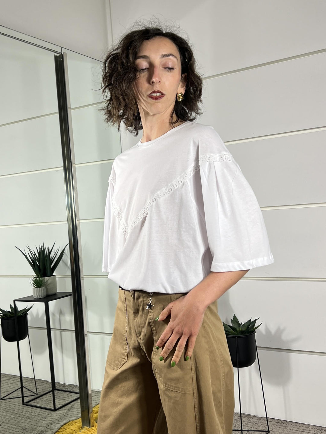 t-shirt bianca  manica corta con inserto in pizzo 26M4711BIANCO TENSIONE IN