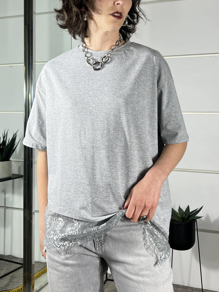 t-shirt manica corta asimmetrica con pizzo grigio melange 26MP8516GRIGIO MELANGE FEMME SELECTION