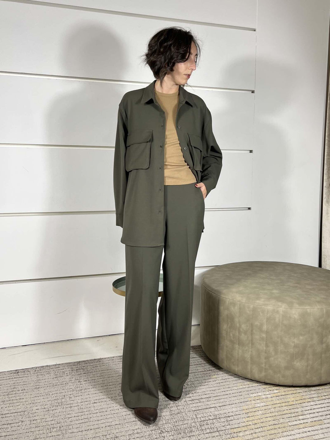 pantalone a palazzo con elastico nel retro militare 26P1046MILITARE TENSIONE IN