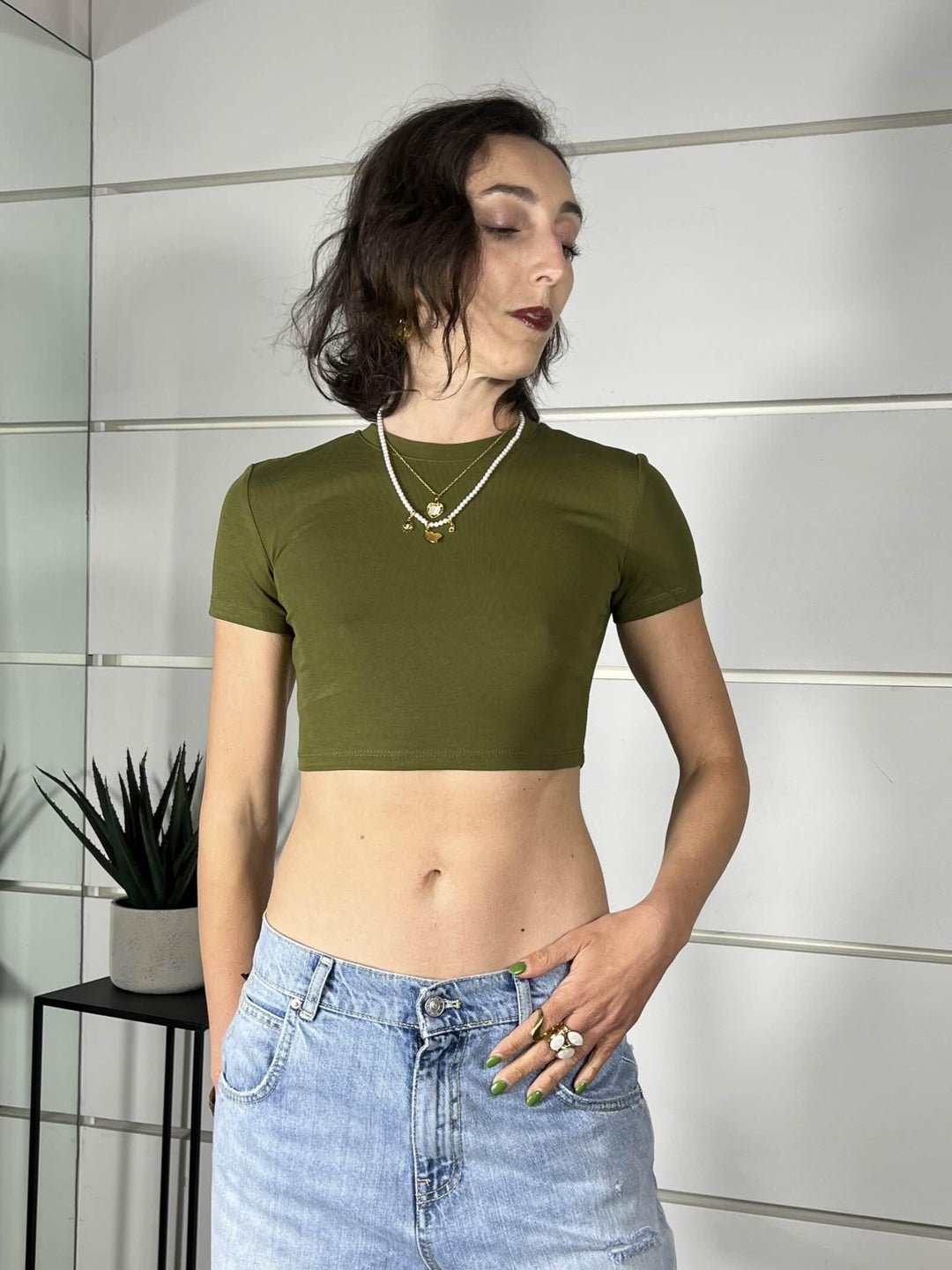 t-shirt verde militare crop girocollo manica corta slim LC240001VERDE MILITARE LUMINA