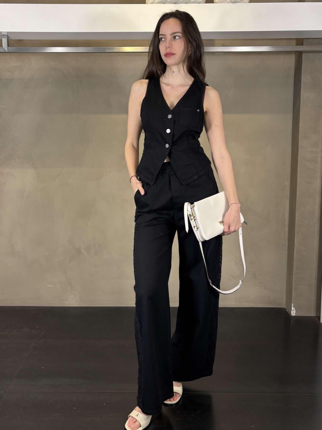 Pantalone denim nero con bande in pizzo PALCOZ99 PINKO