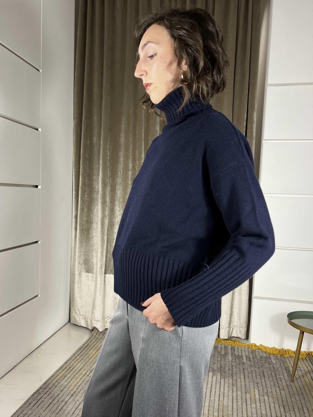 maglione collo alto con coste 100%lana blu WL938-7AI25BLU TENSIONE IN