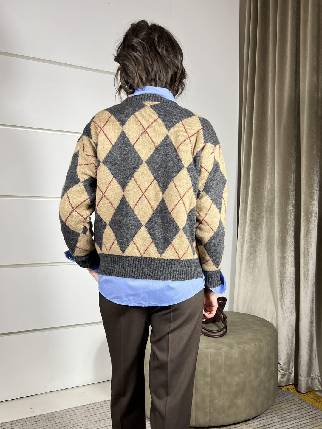 maglione girocollo con rombi grigio e cammello in misto lana 77289FGRIGIO/CAMMELLO VICOLO