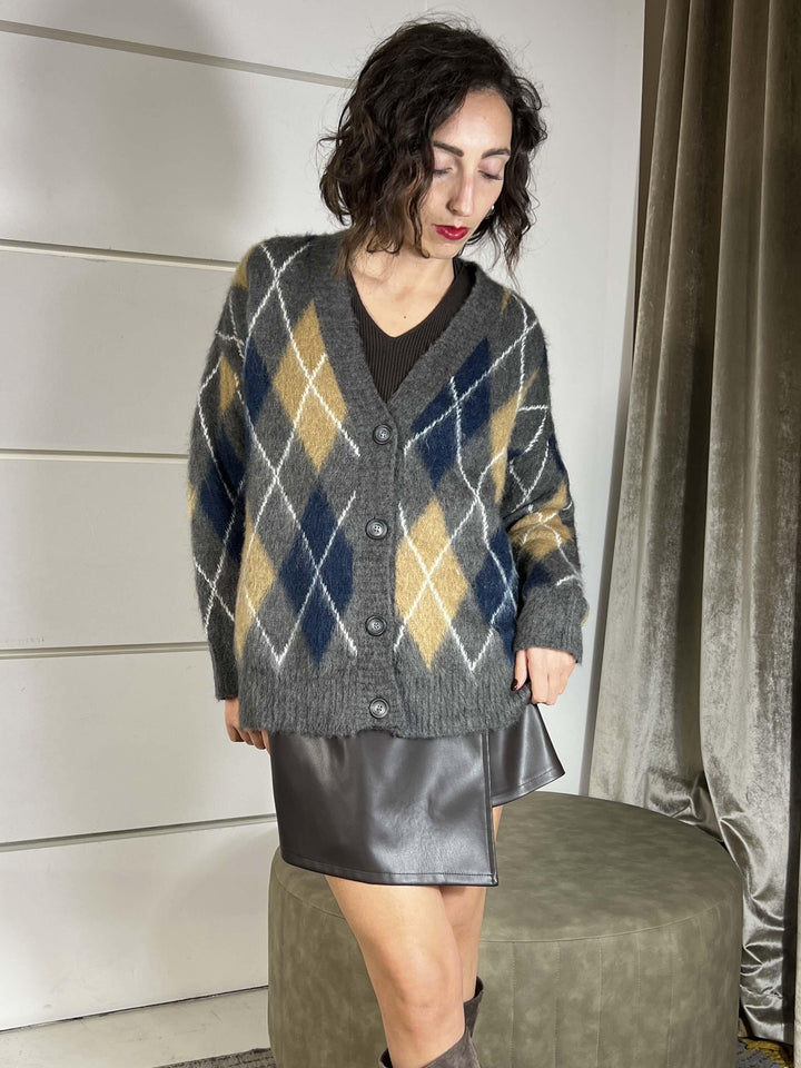 cardigan con rombi scollo v over misto lana blu e cammello D80999BLU/CAMMELLO TENSIONE IN