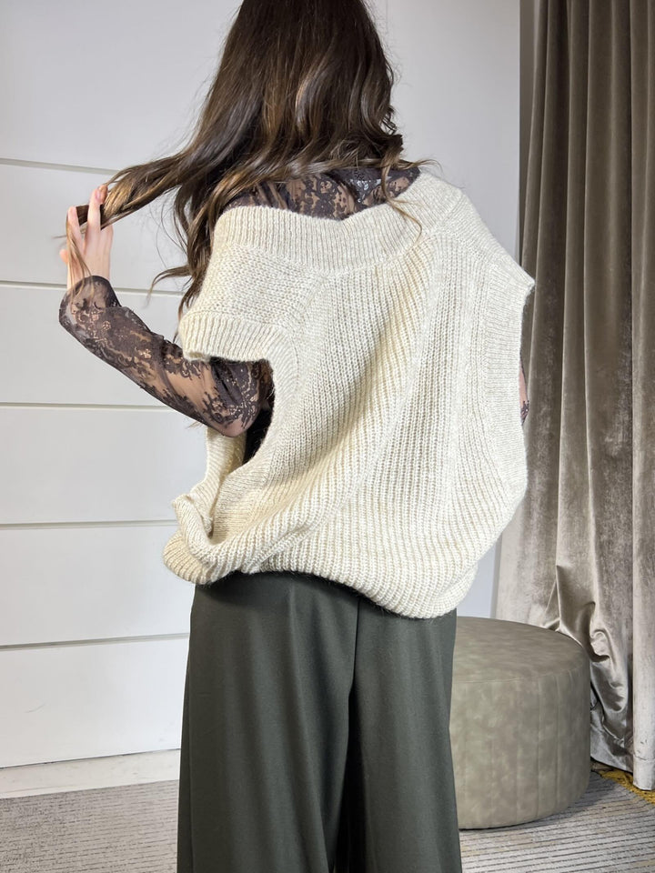 gilet con bottoni over scollo a vbeige misto lana giromanica ampio 55183FBEIGE VICOLO