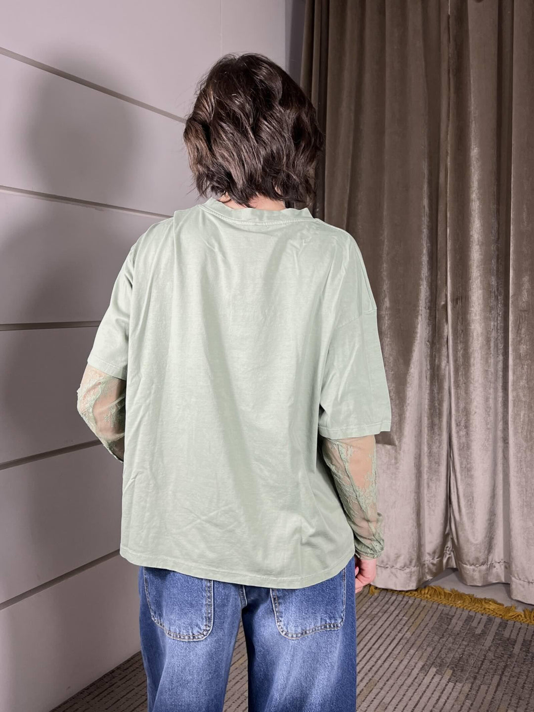 t-shirt  manica corta con manica in pizzo verde salvia 11073VERDE SALVIA SUSY MIX