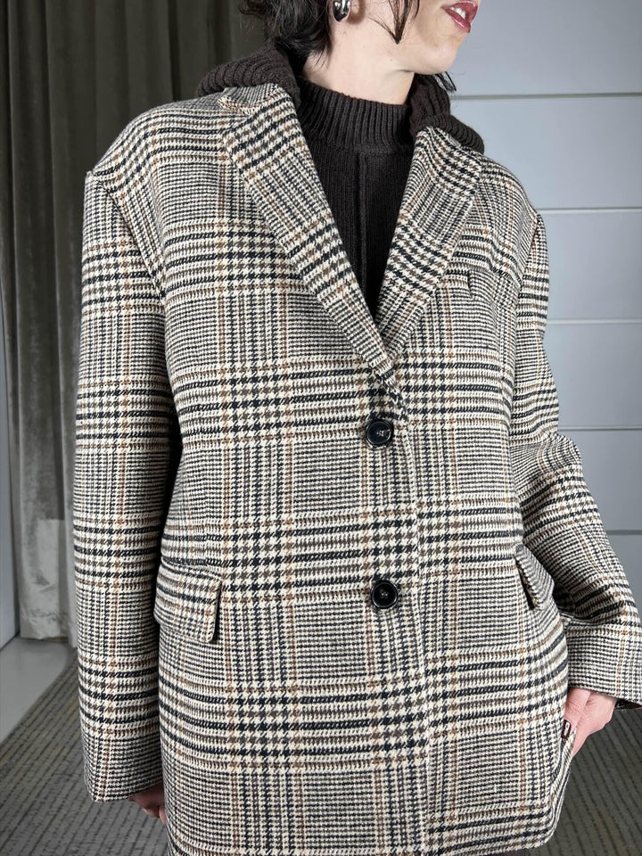 giacca cappotto pied de poule con cappuccio in maglia staccabile TF2084MORO/BURRO/BRUCIATO VICOLO