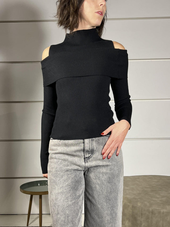 maglia a costine shiffer con cut out nera 8175NERO SUSY MIX